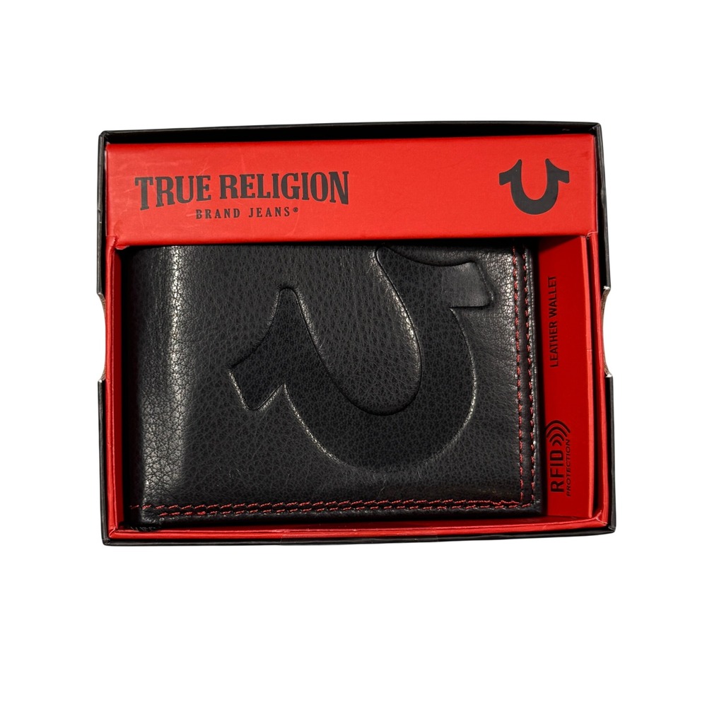True Religion Mens Black Leather Bifold Wallet RFID Protection Red Stitch‎